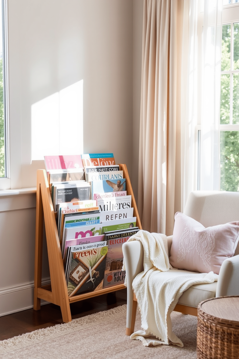 A stylish magazine rack made of natural wood stands elegantly against the wall. It holds an assortment of colorful magazines and books, providing a curated display for organized reading. The summer reading nook features a cozy armchair adorned with soft cushions and a lightweight throw blanket. Sunlight filters through sheer curtains, illuminating the space and creating a warm, inviting atmosphere.