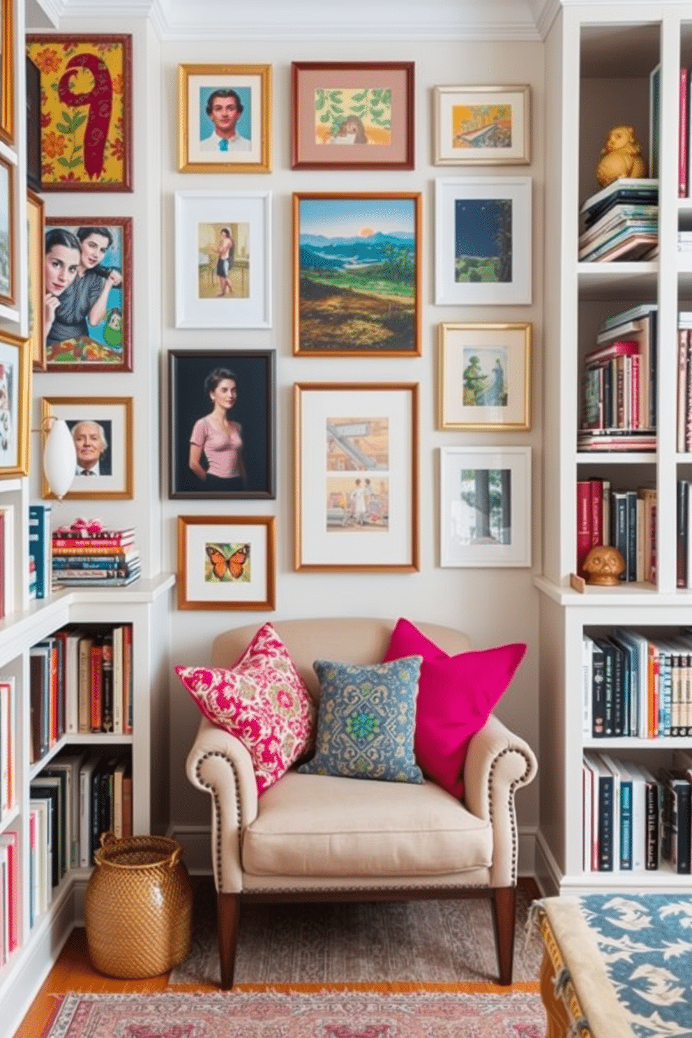 Creative wall art for personal expression. A vibrant gallery wall features an eclectic mix of framed paintings, photographs, and textile art that reflects the homeowner's personality and travels. Summer Reading Nook Decorating Ideas. A cozy corner with a plush armchair is adorned with colorful throw pillows, surrounded by built-in bookshelves filled with a curated selection of books and decorative objects.