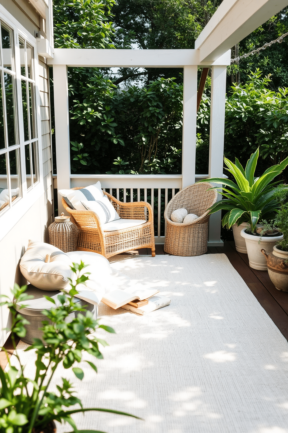 A cozy summer reading nook featuring a soft outdoor rug that defines the space. The rug is adorned with a subtle pattern that complements the surrounding greenery and provides a comfortable spot for lounging with a book.