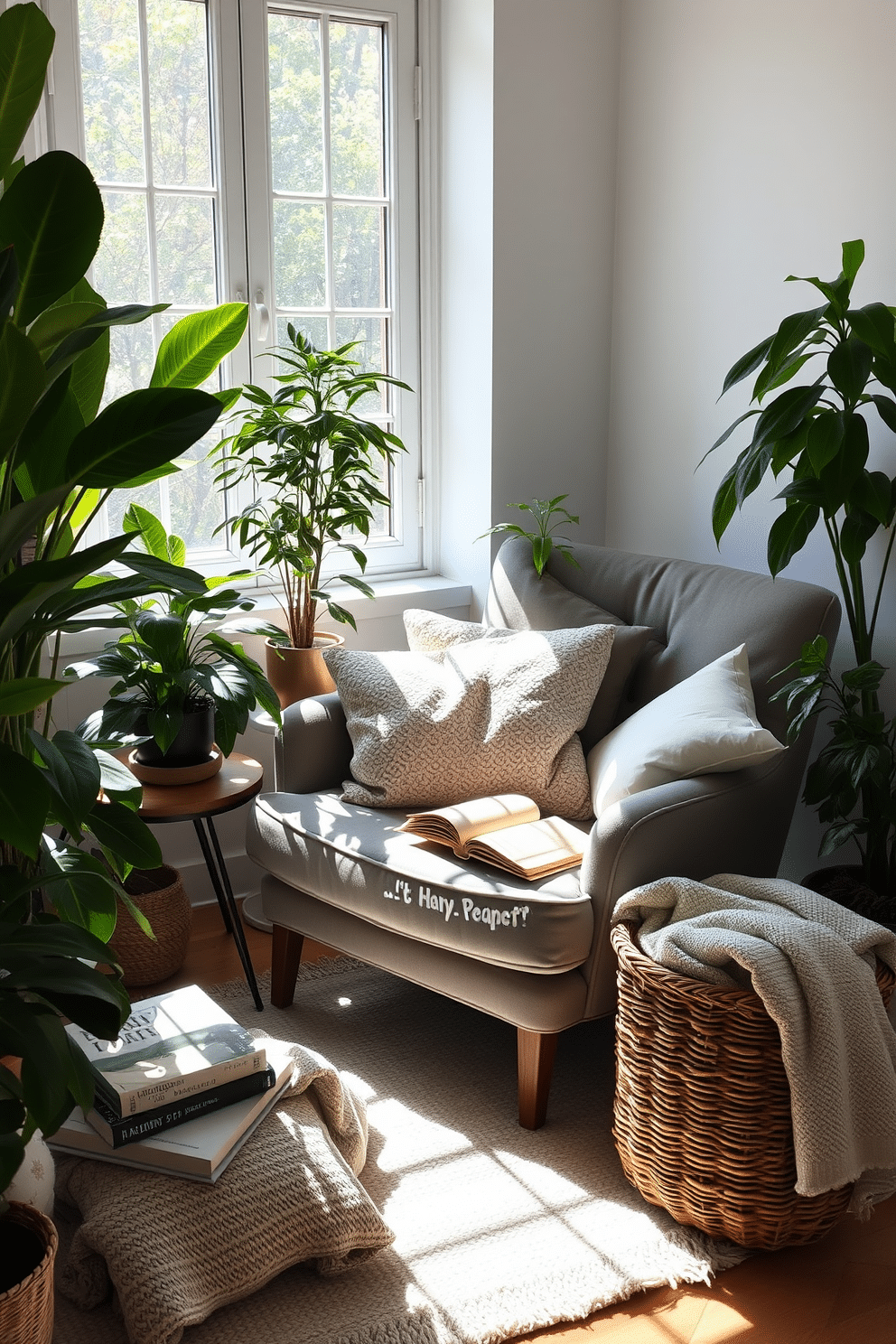 A cozy oversized chair is placed in a sunlit corner of the room, surrounded by lush houseplants that create a tranquil atmosphere. Soft, textured throw pillows are scattered on the chair, inviting you to sink in with a good book. A small side table holds a stack of your favorite novels and a steaming cup of herbal tea, perfect for a leisurely afternoon. A woven basket nearby stores extra blankets for added comfort during those long reading sessions.