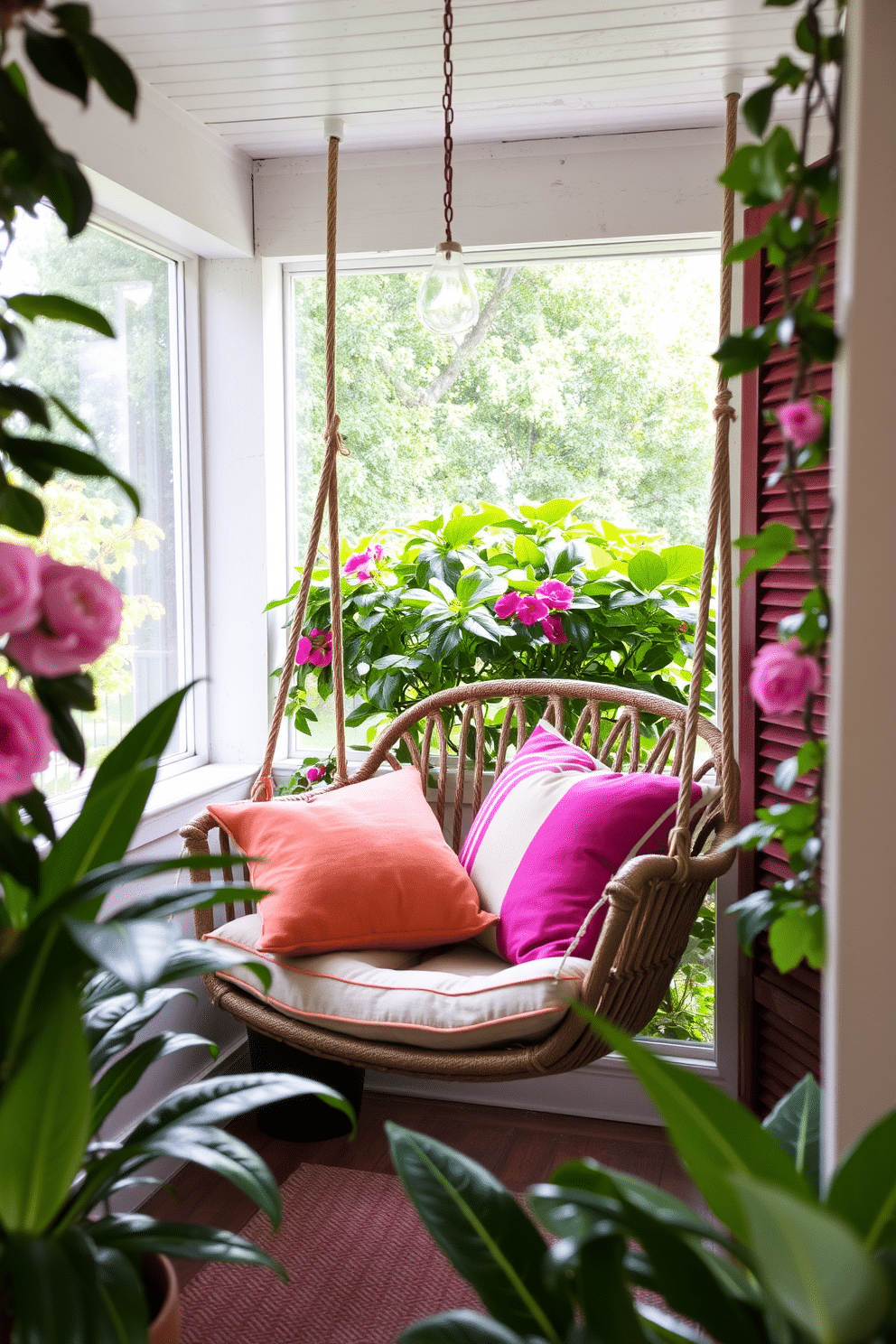 A cozy summer reading nook features a cushioned swing chair suspended from the ceiling, surrounded by lush greenery. Soft pillows in vibrant colors adorn the chair, inviting relaxation and playful seating for leisurely afternoons.