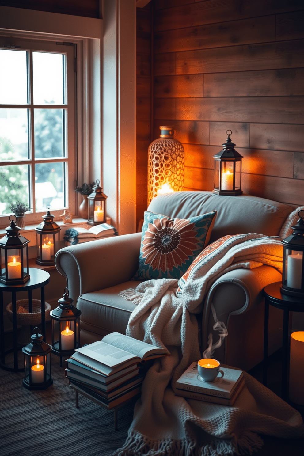 A cozy summer reading nook features a large, comfortable armchair upholstered in soft fabric, positioned next to a window that lets in warm natural light. Surrounding the chair are decorative lanterns casting a gentle glow, creating an inviting atmosphere perfect for evening reading. The nook is adorned with vibrant throw pillows and a plush blanket draped over the armchair for added comfort. A small side table holds a stack of books and a steaming cup of tea, enhancing the tranquil vibe of this serene space.