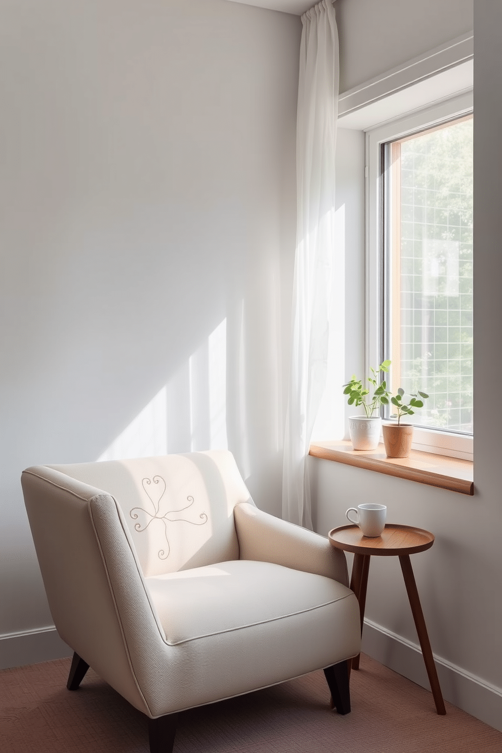 A minimalist reading nook designed for serenity features a sleek, low-profile armchair in soft beige fabric positioned next to a large window. A simple wooden side table holds a stack of books and a delicate ceramic mug, while sheer white curtains gently filter the natural light. The walls are painted in a calming light gray, enhancing the peaceful atmosphere of the space. A small potted plant sits on the windowsill, adding a touch of greenery without overwhelming the simplicity of the design.