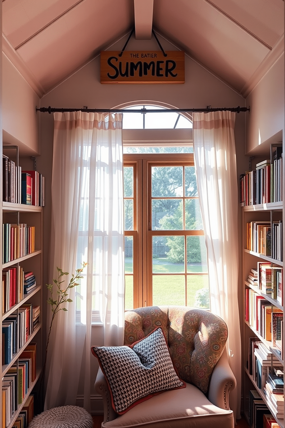 A cozy summer reading nook with a personalized name sign hanging above a plush armchair. The nook features a large window with sheer curtains allowing natural light to flood in, surrounded by shelves filled with colorful books and soft cushions.