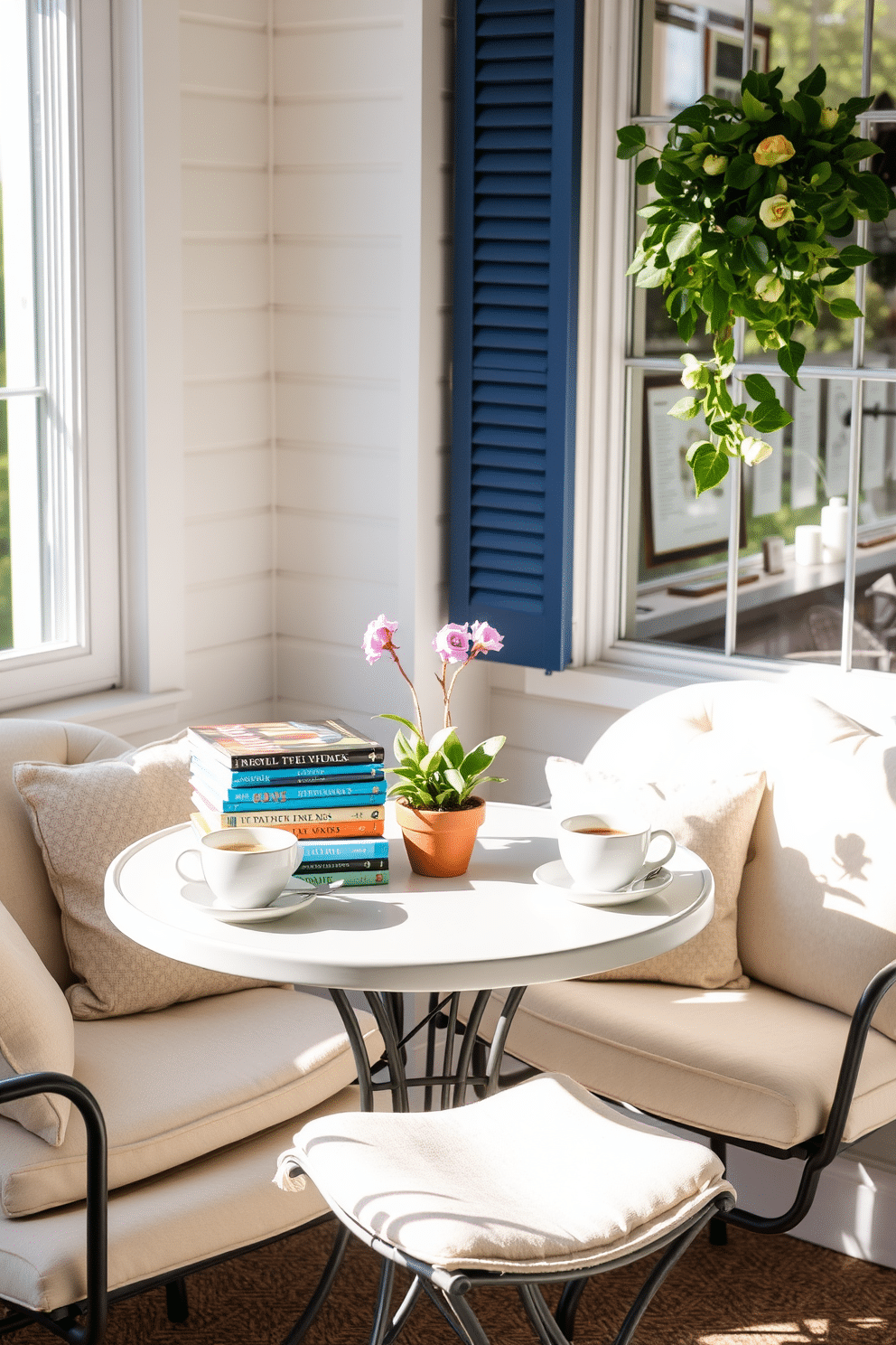 A cozy summer reading nook featuring a bistro table set for coffee and books. The table is adorned with a small potted plant and a stack of colorful novels, creating an inviting atmosphere for relaxation. Surrounding the table are comfortable chairs with soft cushions, perfect for sinking into while enjoying a good book. Natural light streams in through a nearby window, illuminating the space and enhancing the cheerful decor.