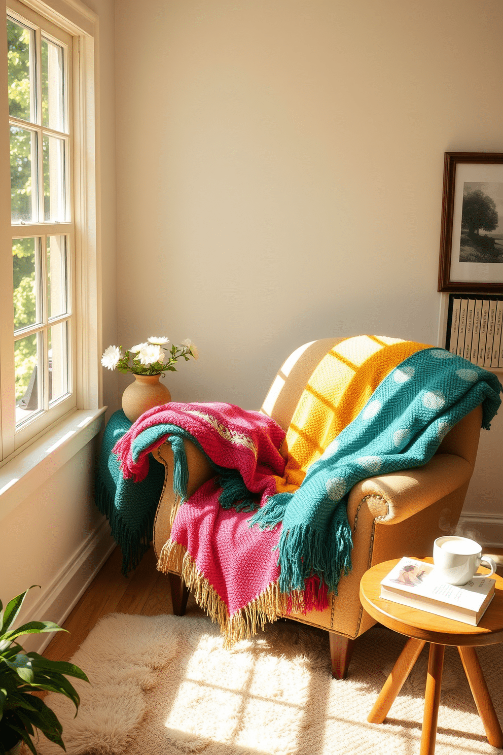 A cozy summer reading nook filled with colorful throw blankets draped over a plush armchair. Sunlight streams through a nearby window, illuminating a small side table holding a stack of books and a steaming cup of tea.