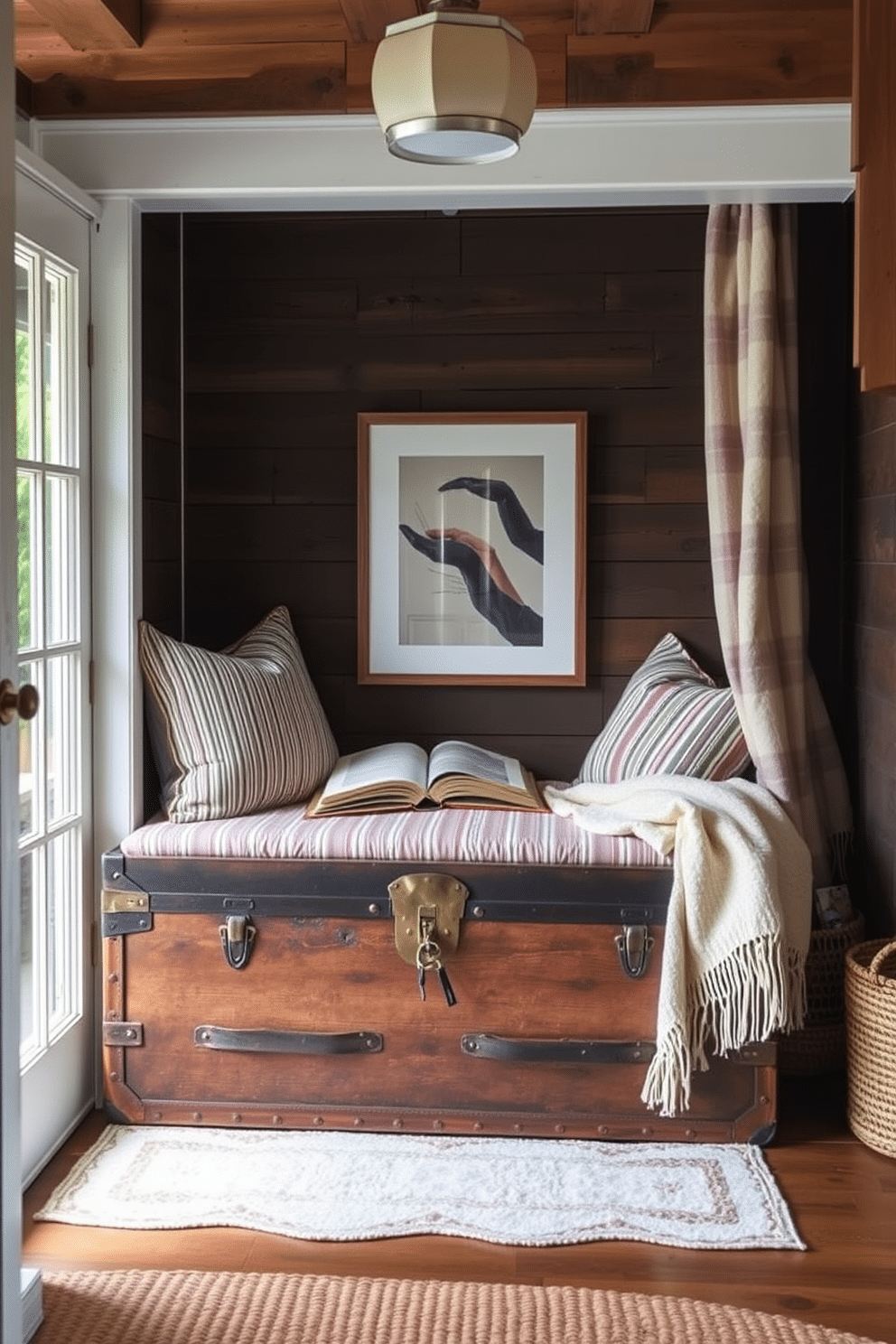 A cozy summer reading nook featuring a vintage trunk that serves as hidden storage. The nook is adorned with plush cushions and a soft throw blanket, creating an inviting space for relaxation.