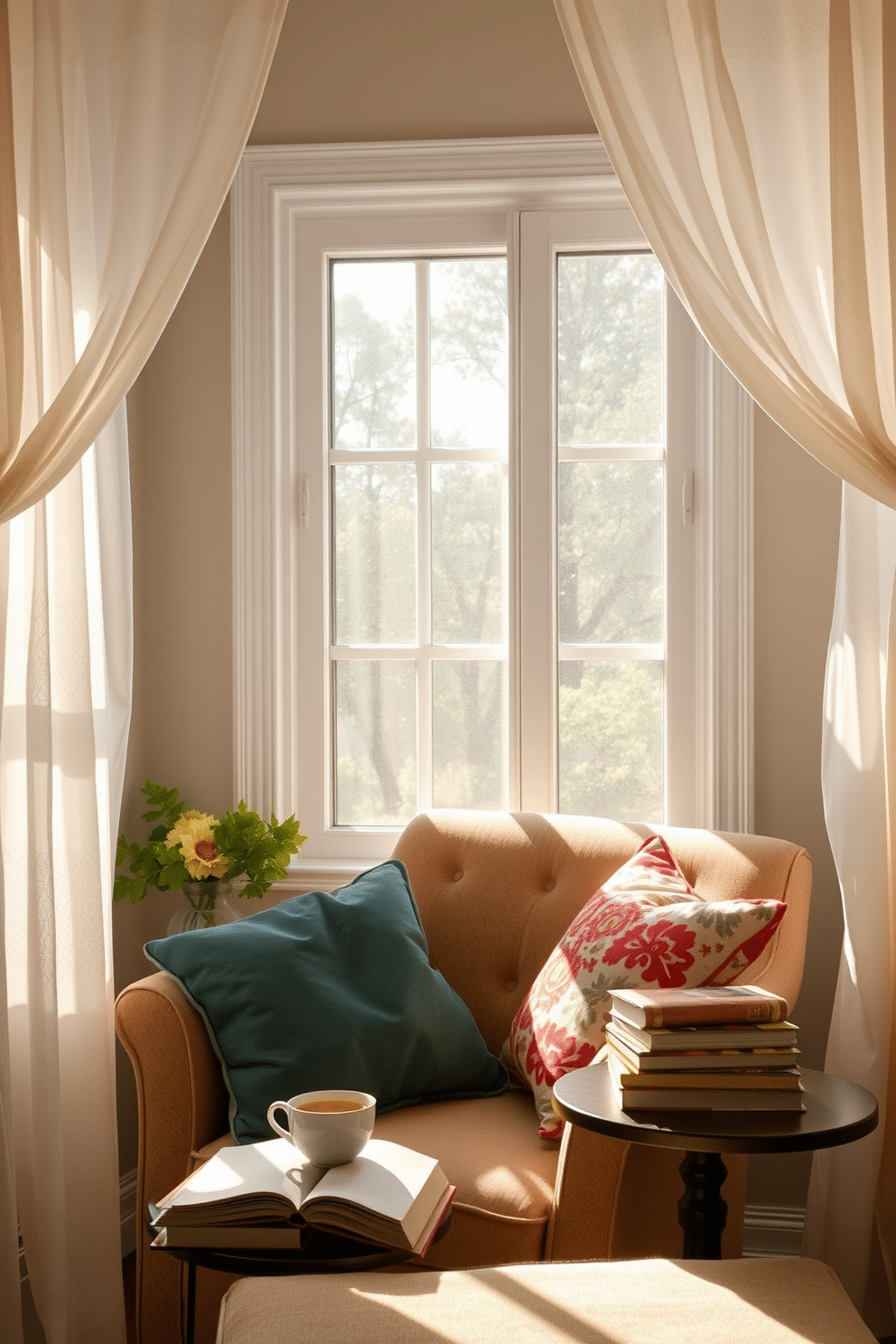 A cozy summer reading nook bathed in soft natural light. Lightweight sheer curtains frame the window, allowing gentle sunlight to filter through and create a warm ambiance. A plush armchair is positioned in the corner, adorned with colorful throw pillows. A small side table holds a stack of books and a steaming cup of tea, inviting relaxation and comfort.