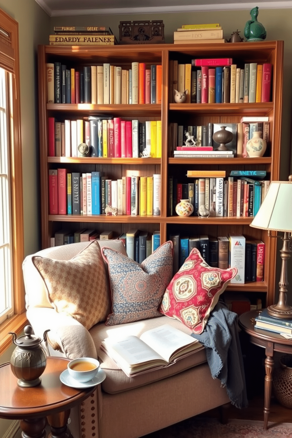 A vintage bookshelf filled with a mix of colorful books and unique trinkets creates a charming focal point in the reading nook. Cozy cushions in various patterns are arranged on a plush armchair, inviting you to settle in with a good book. Natural light streams through a nearby window, highlighting the warm wood tones of the bookshelf. A small side table holds a steaming cup of tea and a decorative lamp, adding to the inviting atmosphere of this summer reading retreat.