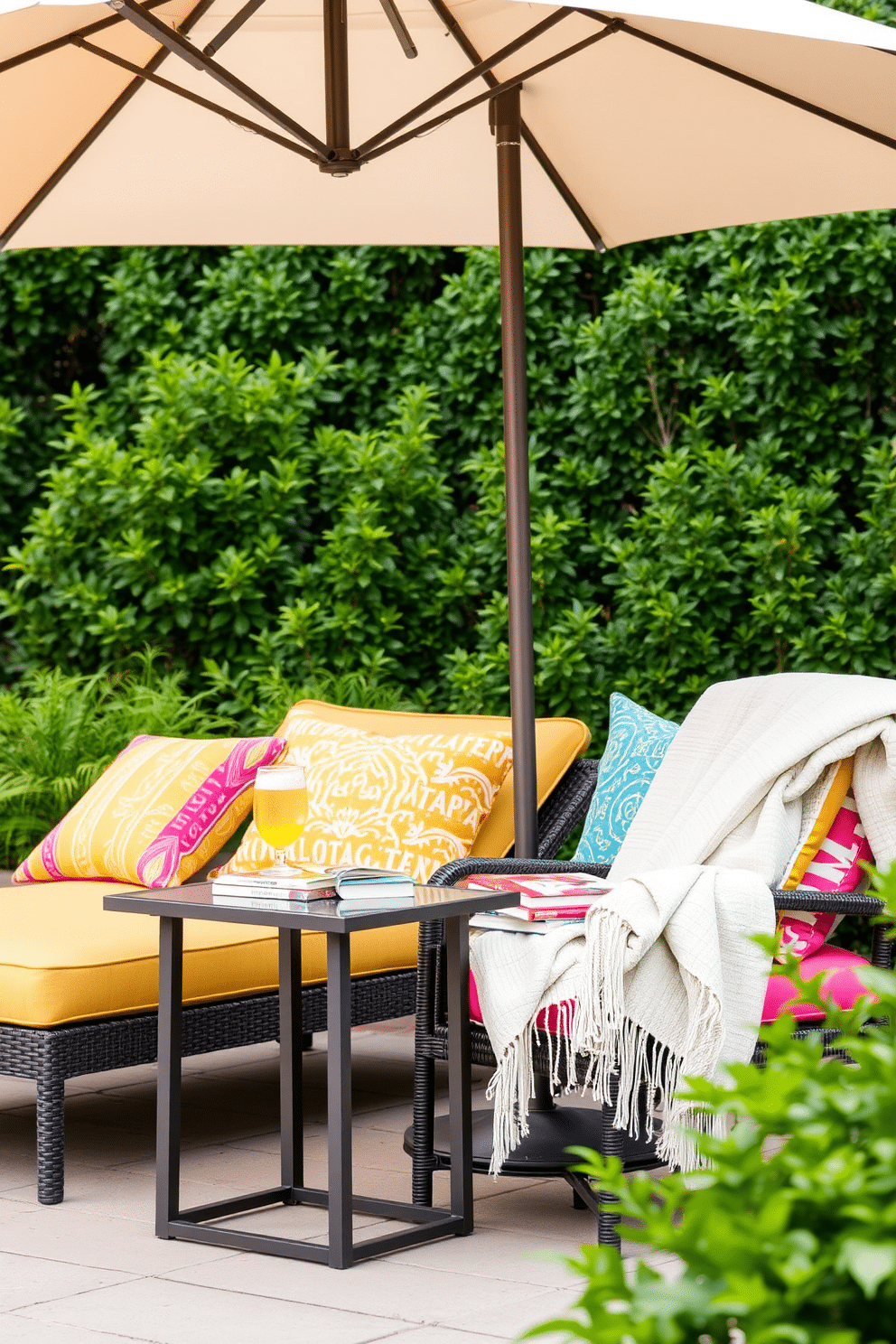 An inviting outdoor lounge chair is positioned under a large umbrella, creating a perfect spot for relaxation. Beside the chair, a sleek side table holds a refreshing drink and a stack of summer reading books. The area is adorned with vibrant cushions and a lightweight throw blanket, adding comfort and style. Lush greenery surrounds the space, enhancing the tranquil atmosphere of the summer reading nook.