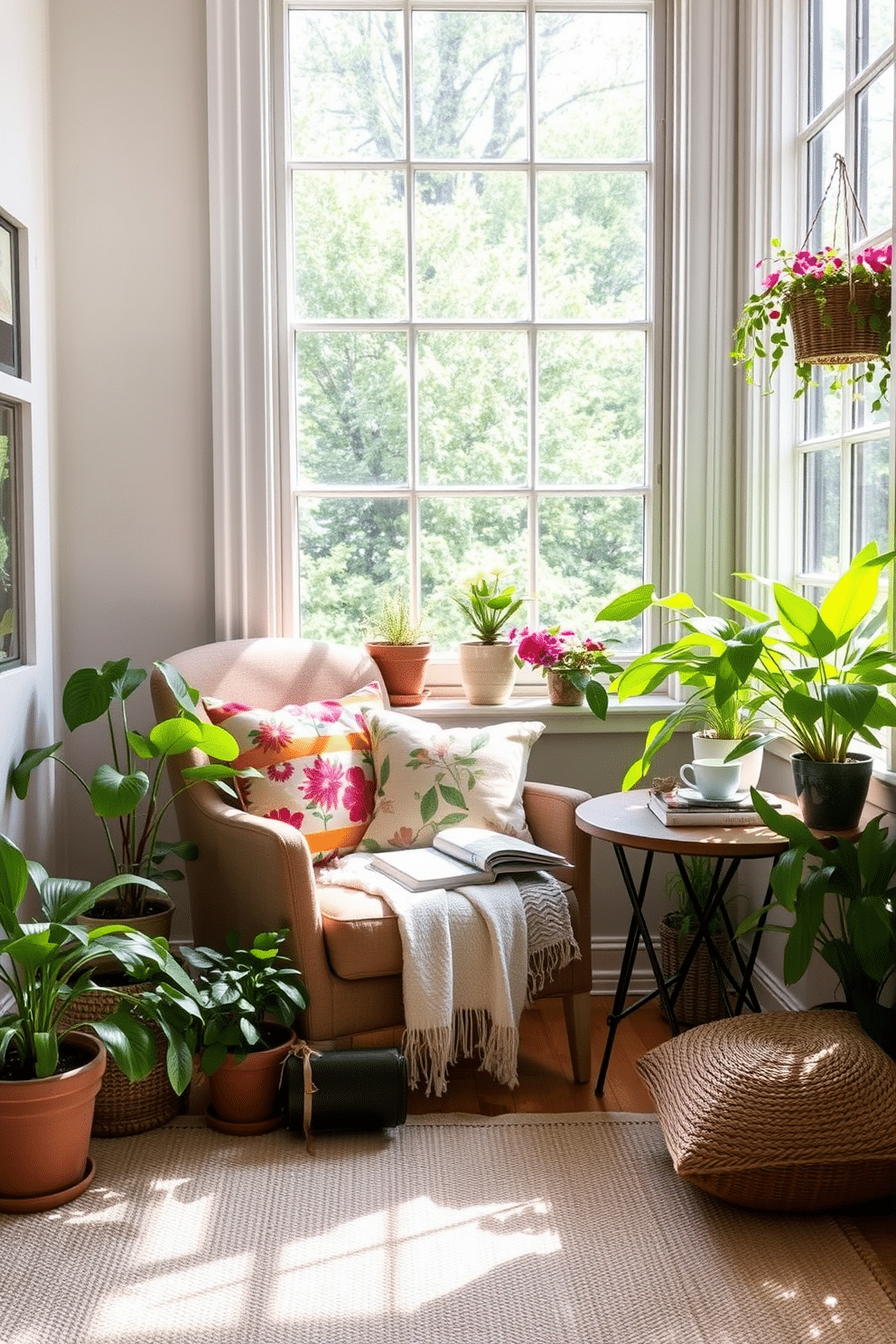 Create a cozy summer reading nook filled with natural light. A comfortable armchair is positioned next to a large window, surrounded by potted plants that add a refreshing vibe. Incorporate a small side table beside the chair for holding books and a cup of tea. Soft, colorful cushions and a light throw blanket enhance the inviting atmosphere of the space.