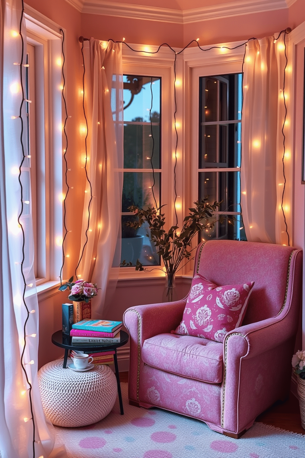 A cozy summer reading nook filled with whimsical fairy lights that create a warm and inviting atmosphere. A plush armchair is nestled in the corner next to a small side table, adorned with a stack of colorful books and a steaming cup of tea. The walls are painted in soft pastel colors, enhancing the cheerful vibe of the space. A large window allows natural light to flood in, while sheer curtains flutter gently in the breeze, completing the serene setting.