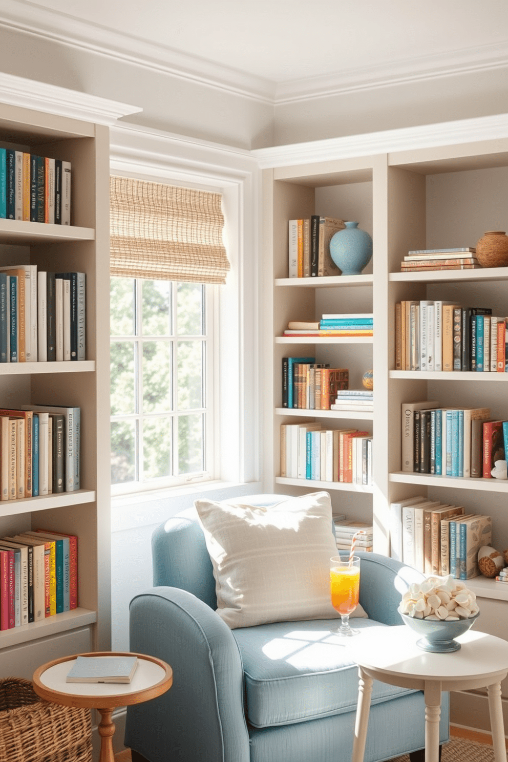 A serene summer reading nook filled with natural light. The walls are painted in a soft white, and the furniture features a cozy blue armchair with plush cushions. A light wooden bookshelf is filled with an array of books and a few decorative items. A small side table holds a refreshing drink and a decorative bowl of seashells, enhancing the beachy vibe.