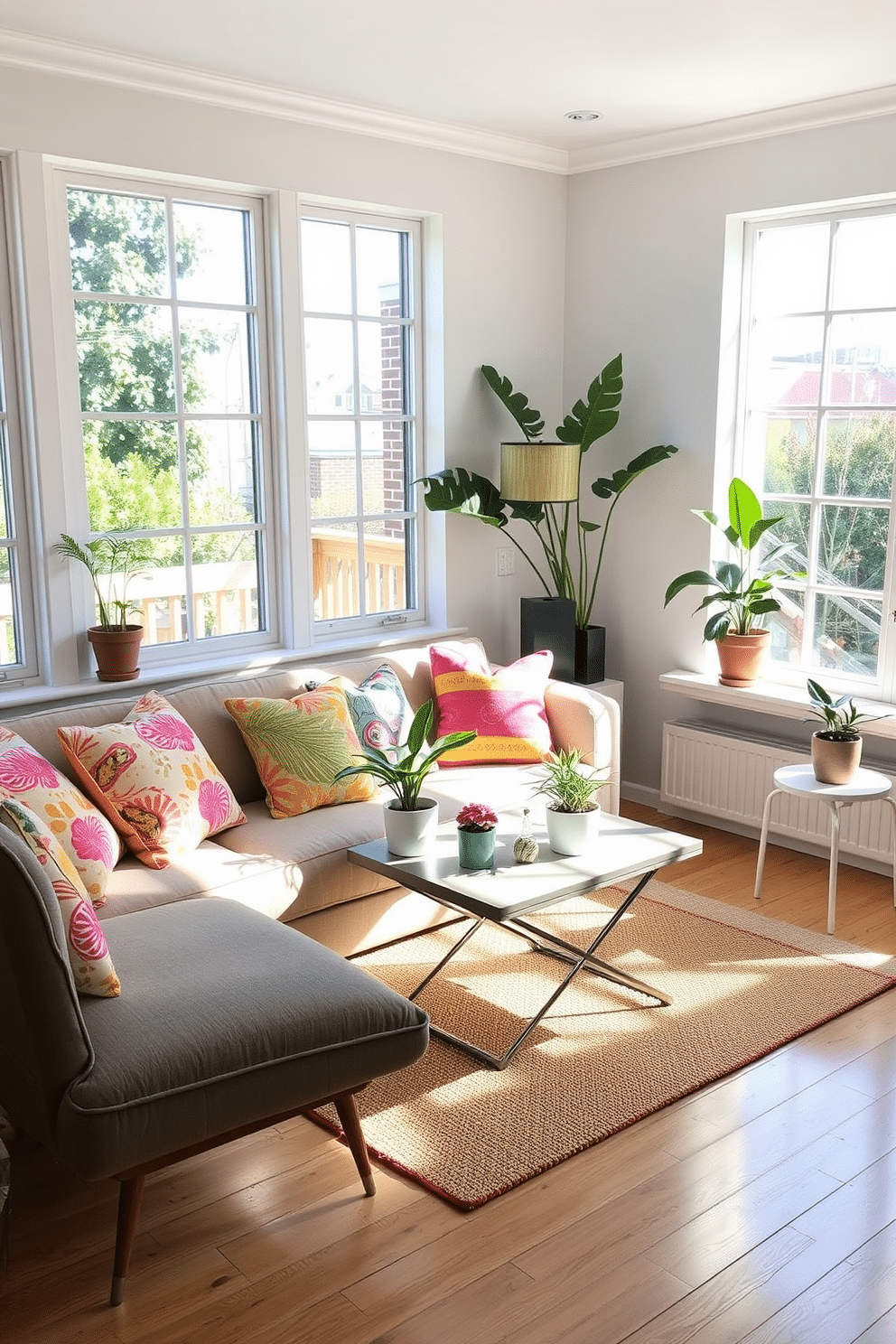 A bright and inviting small living room filled with summer vibes. The space features a cozy sofa adorned with colorful throw pillows in vibrant patterns, creating a cheerful focal point. Natural light streams in through large windows, illuminating the room's light-colored walls and wooden flooring. A stylish coffee table rests in the center, surrounded by a few potted plants that add a touch of greenery.