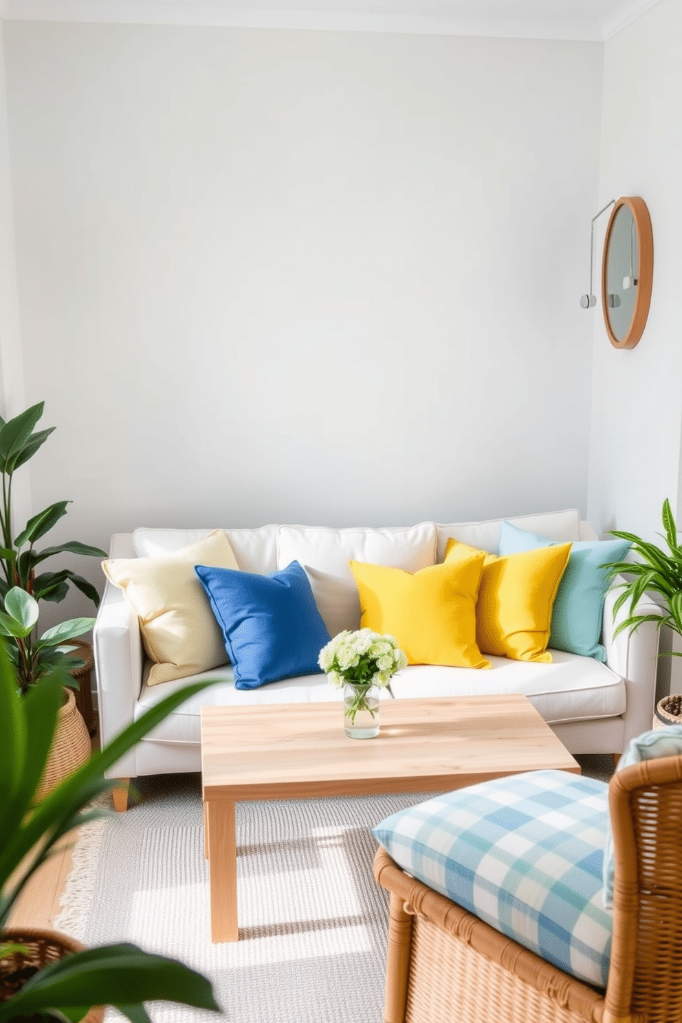 A light-colored sofa is the focal point of the summer small living room. Surround it with vibrant throw pillows in shades of yellow and blue to create a cheerful atmosphere. Incorporate a light wood coffee table in front of the sofa to enhance the airy feel. Add a few potted plants in the corners to bring in a touch of nature and freshness.