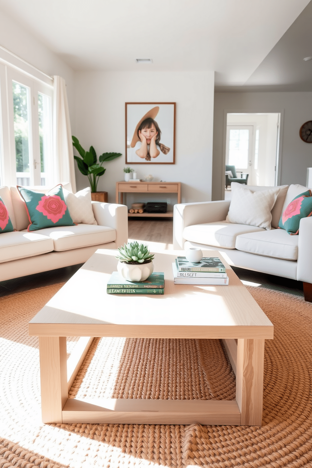 A minimalist coffee table made of light wood with clean lines sits at the center of a sunlit living room. Surrounding the table are a pair of soft, neutral-colored sofas adorned with vibrant throw pillows that add a pop of color. The coffee table is adorned with a simple arrangement of succulents in a ceramic pot and a stack of art books. A woven rug in natural fibers anchors the space, complementing the airy feel of the summer-inspired decor.