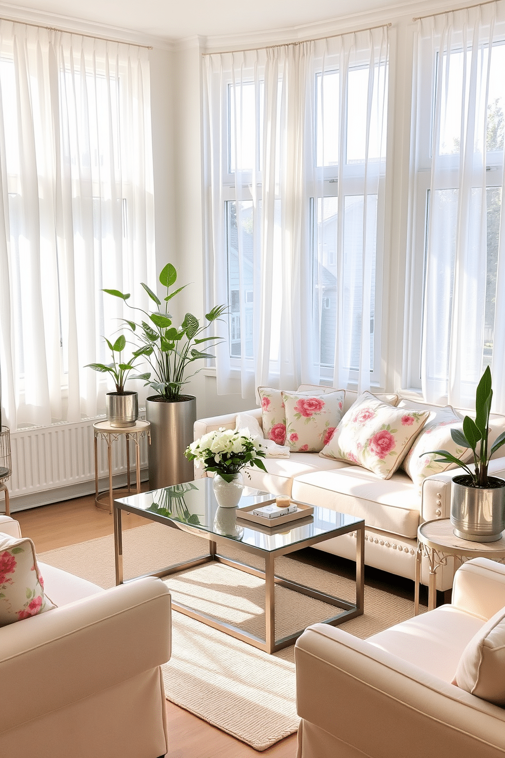 A bright and airy small living room filled with summer vibes. Soft pastel-colored furniture pieces are arranged to create an inviting and cozy atmosphere. A sleek metallic coffee table sits at the center, reflecting light and adding a touch of elegance. Decorative cushions with floral patterns are scattered on a light-colored sofa, enhancing the cheerful ambiance. Large windows allow natural light to flood the space, with sheer white curtains gently billowing in the breeze. Potted plants in metallic planters add a fresh and lively element to the decor.