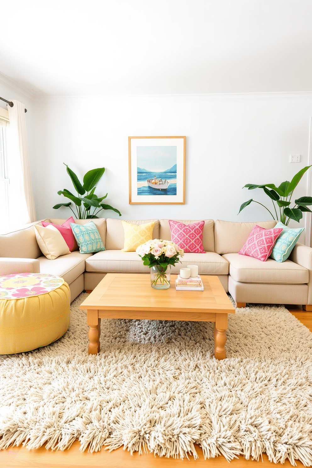 A bright and airy summer living room features a comfortable sectional sofa adorned with colorful throw pillows. A playful pouf in a vibrant pattern adds extra seating and a fun pop of color to the space. The walls are painted in a soft pastel hue, creating a cheerful atmosphere. A light wooden coffee table sits in the center, surrounded by a lush area rug that ties the room together.