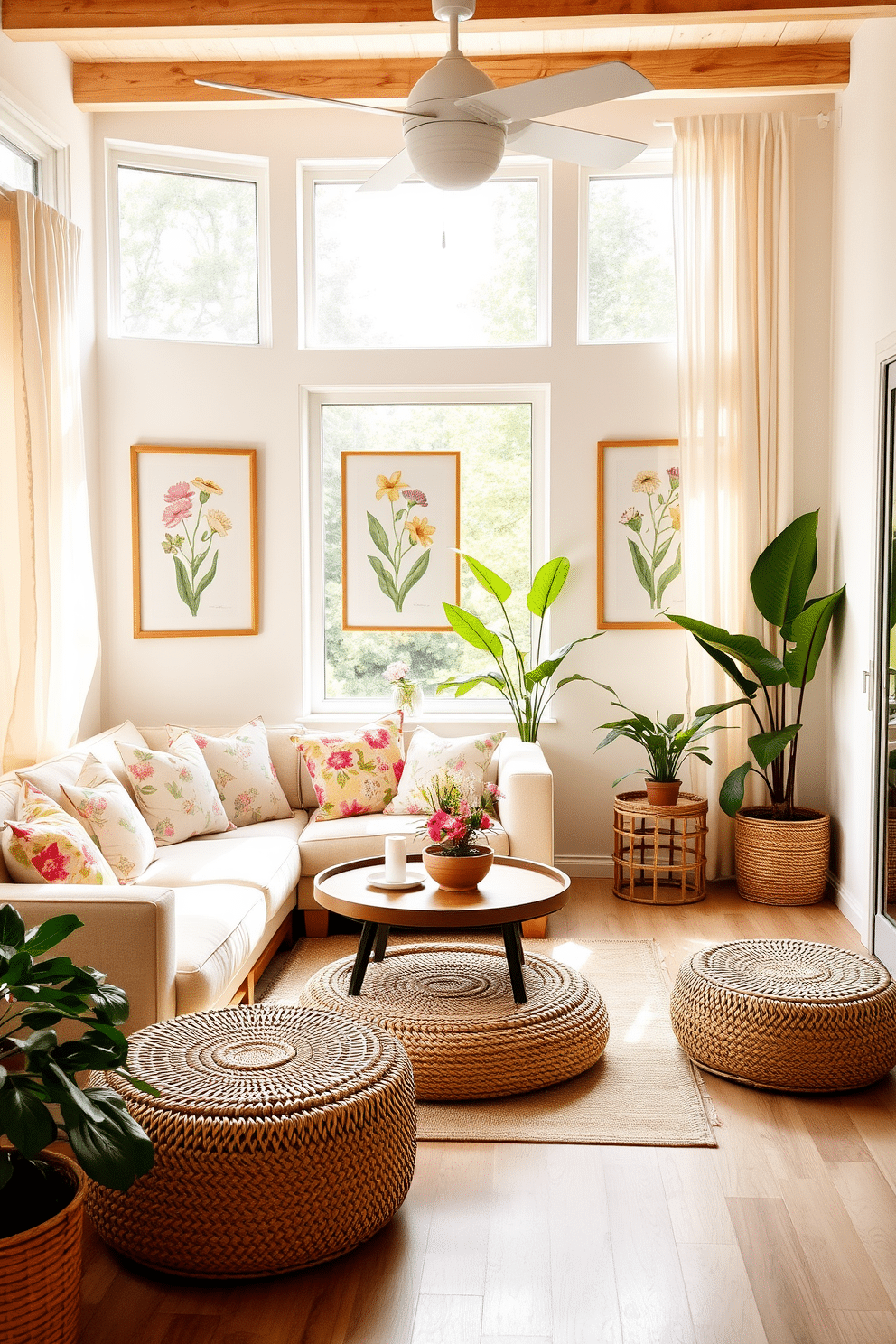 A cozy summer-inspired small living room features light and airy decor. Soft pastel colors dominate the space, with a comfortable sofa adorned with floral cushions. A round coffee table sits in the center, surrounded by woven poufs for additional seating. Large windows allow natural light to flood in, with sheer curtains gently swaying in the breeze. Botanical prints hang on the walls, adding a touch of freshness and vibrancy. A few potted plants are strategically placed to enhance the lively atmosphere.