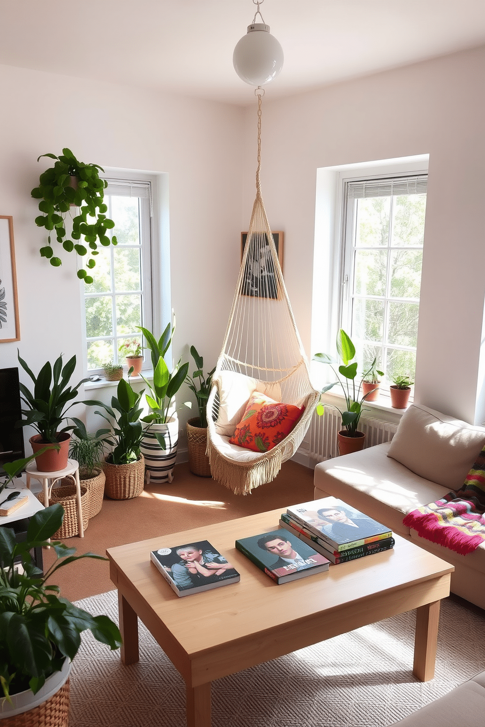 A cozy small living room filled with natural light. A stylish hammock chair is suspended from the ceiling in one corner, surrounded by potted plants and colorful throw pillows. The walls are painted in a soft pastel hue, creating a refreshing atmosphere. A light wooden coffee table sits in front of a comfortable sofa, adorned with a vibrant throw blanket and art books.