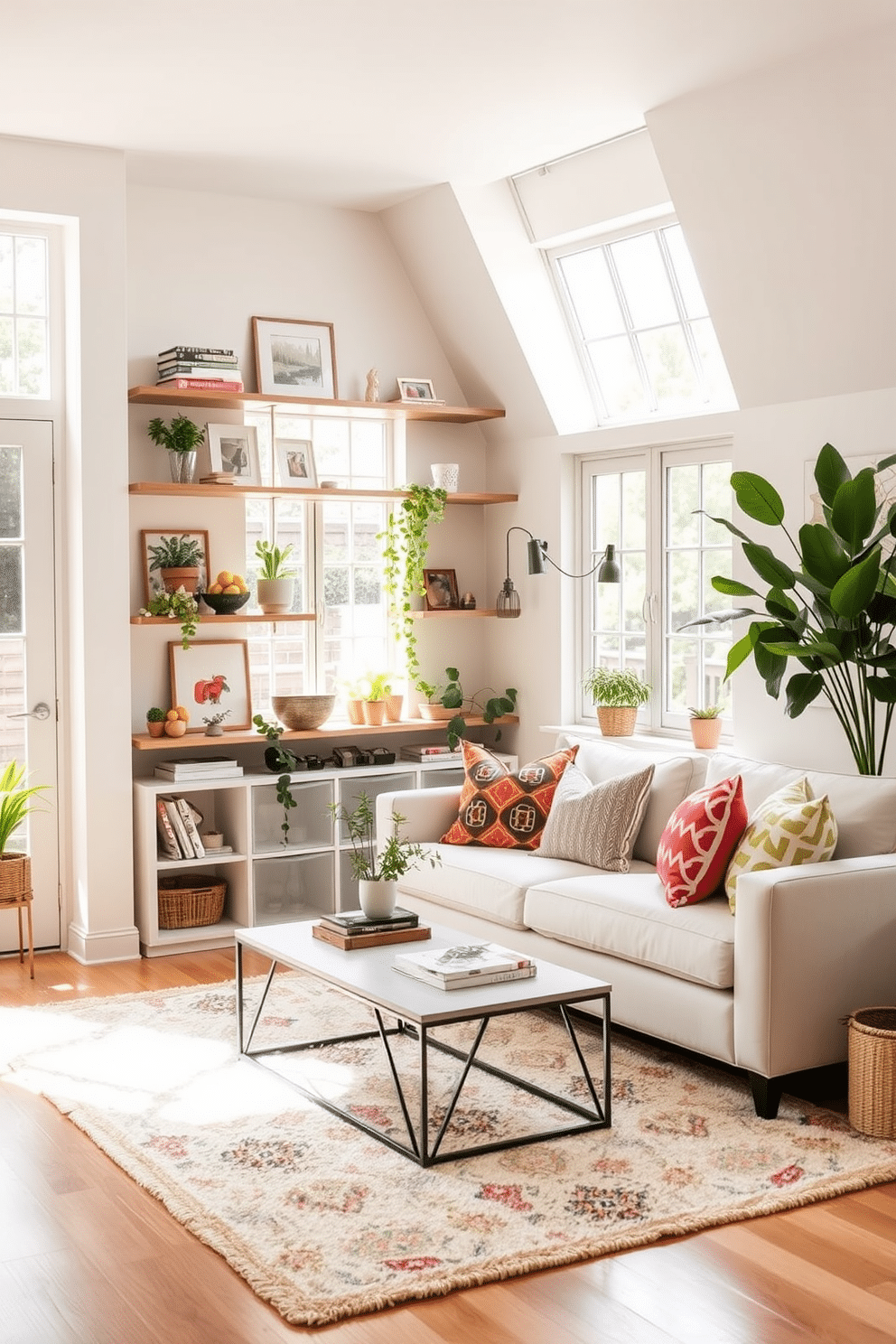 A bright summer small living room features open shelving adorned with a curated collection of decorative items and plants. The walls are painted in a light pastel hue, complementing the natural light that fills the space through large windows. A cozy seating arrangement includes a stylish sofa with colorful throw pillows and a chic coffee table. The floor is covered with a soft area rug that adds warmth and texture to the room.