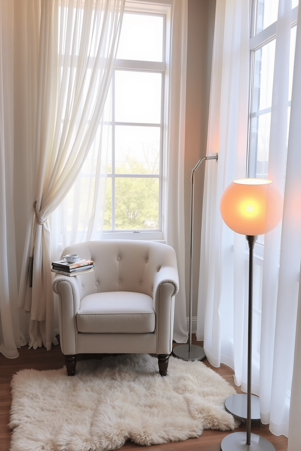 A cozy reading nook filled with natural light. There is a plush armchair in a soft pastel color positioned next to a large window, complemented by a small side table holding a stack of books and a steaming cup of tea. The walls are adorned with light, airy curtains that gently flutter in the breeze. A soft area rug lies beneath the chair, and a floor lamp with a warm glow stands nearby, creating an inviting atmosphere perfect for relaxation.