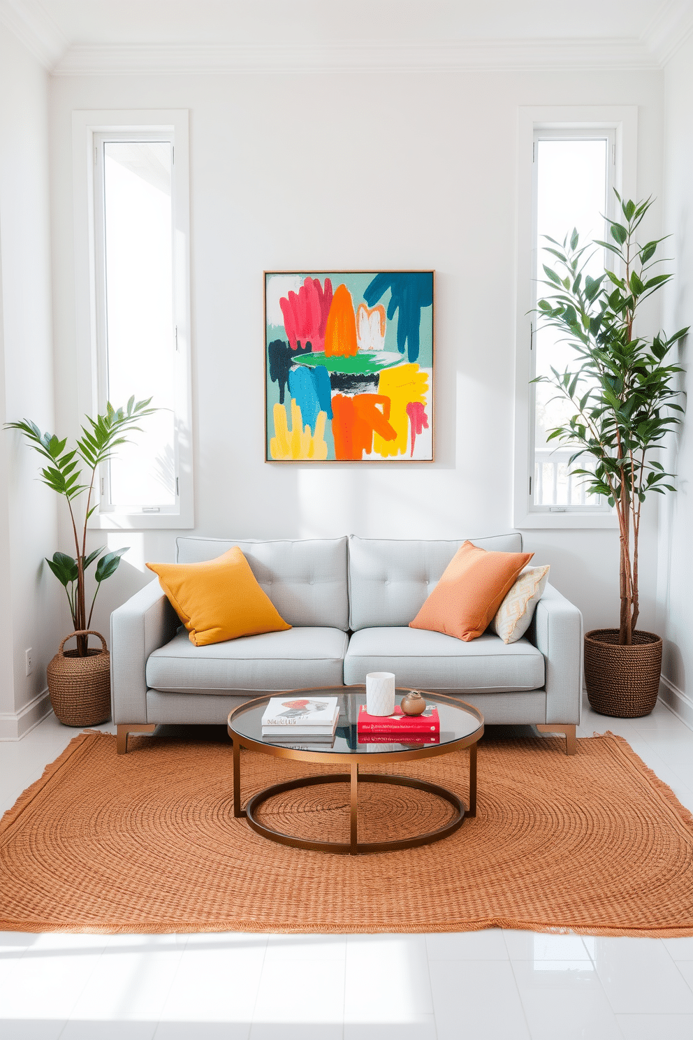 A bright and airy small living room filled with natural light. The walls are painted in a soft white tone, and a light gray sofa is centered in the room. A vibrant abstract artwork hangs above the sofa, serving as a focal point. A round coffee table with a glass top sits in front of the sofa, surrounded by colorful accent pillows. In one corner, a tall potted plant adds a touch of greenery. A woven rug in warm tones anchors the space, while a few decorative books and a candle adorn the coffee table.