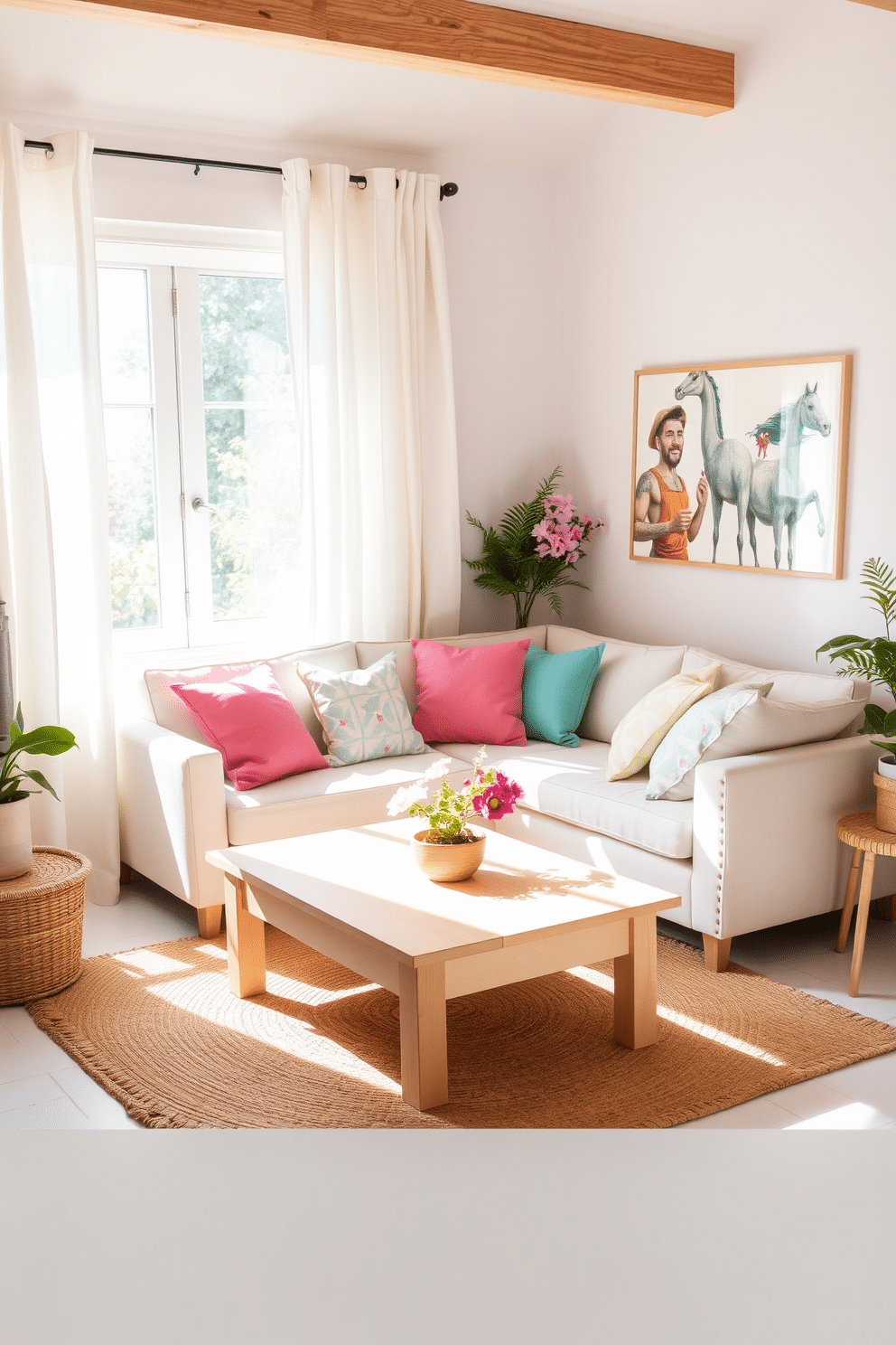 A bright and airy small living room decorated for summer. Light cotton curtains flutter gently in the breeze, allowing soft sunlight to filter through and illuminate the space. A cozy seating arrangement features a pastel-colored sofa adorned with vibrant throw pillows. A light wooden coffee table sits in front of the sofa, complemented by a woven rug that adds texture to the room.