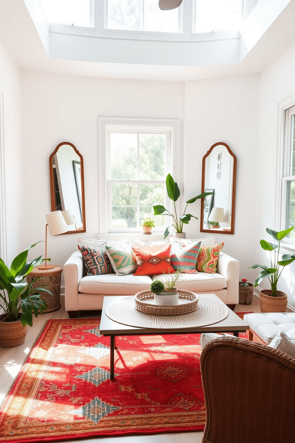 A bright and airy summer small living room features light-colored walls that enhance the natural sunlight streaming through large windows. A cozy seating arrangement includes a plush cream sofa adorned with colorful throw pillows and a woven coffee table at the center. Mirrors are strategically placed on opposite walls to reflect light and create a sense of spaciousness. A vibrant area rug anchors the seating area, while potted plants add a touch of greenery and life to the decor.