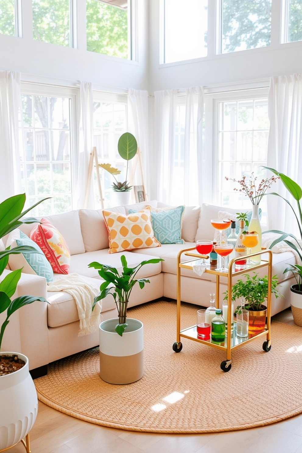 A bright and inviting summer living room features a cozy sectional sofa in light beige, adorned with colorful throw pillows. A small bar cart with a gold frame and glass shelves is positioned to the side, showcasing an array of vibrant cocktails and decorative glassware. Natural light floods the space through large windows draped with sheer white curtains. A woven area rug in soft pastel tones anchors the seating area, while potted plants add a fresh touch to the decor.