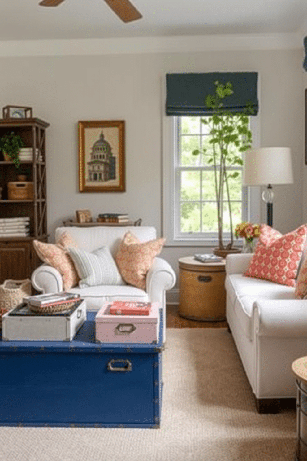 A cozy summer small living room features decorative boxes in various sizes used for stylish storage. The room is adorned with light-colored furniture and bright throw pillows, creating an inviting atmosphere.