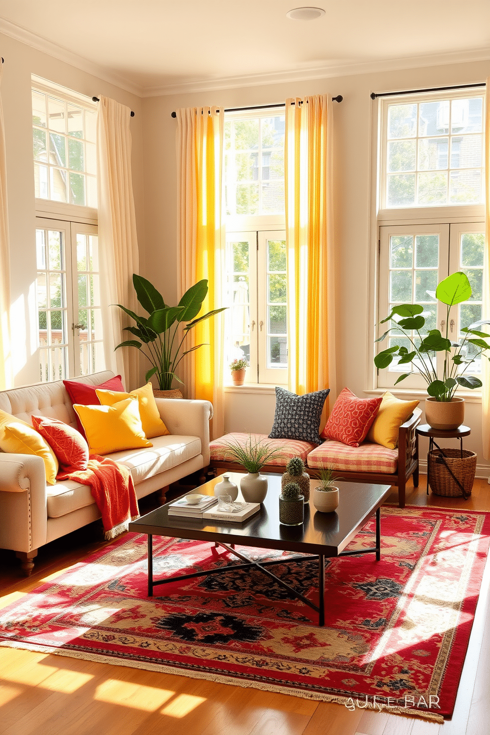 A vibrant summer living room filled with natural light. The space features a cozy sofa adorned with bright throw pillows and a colorful area rug that adds warmth and personality to the room. Large windows draped with sheer curtains allow sunlight to filter in, creating a cheerful atmosphere. A stylish coffee table sits at the center, surrounded by tasteful decor and a few potted plants for a touch of greenery.