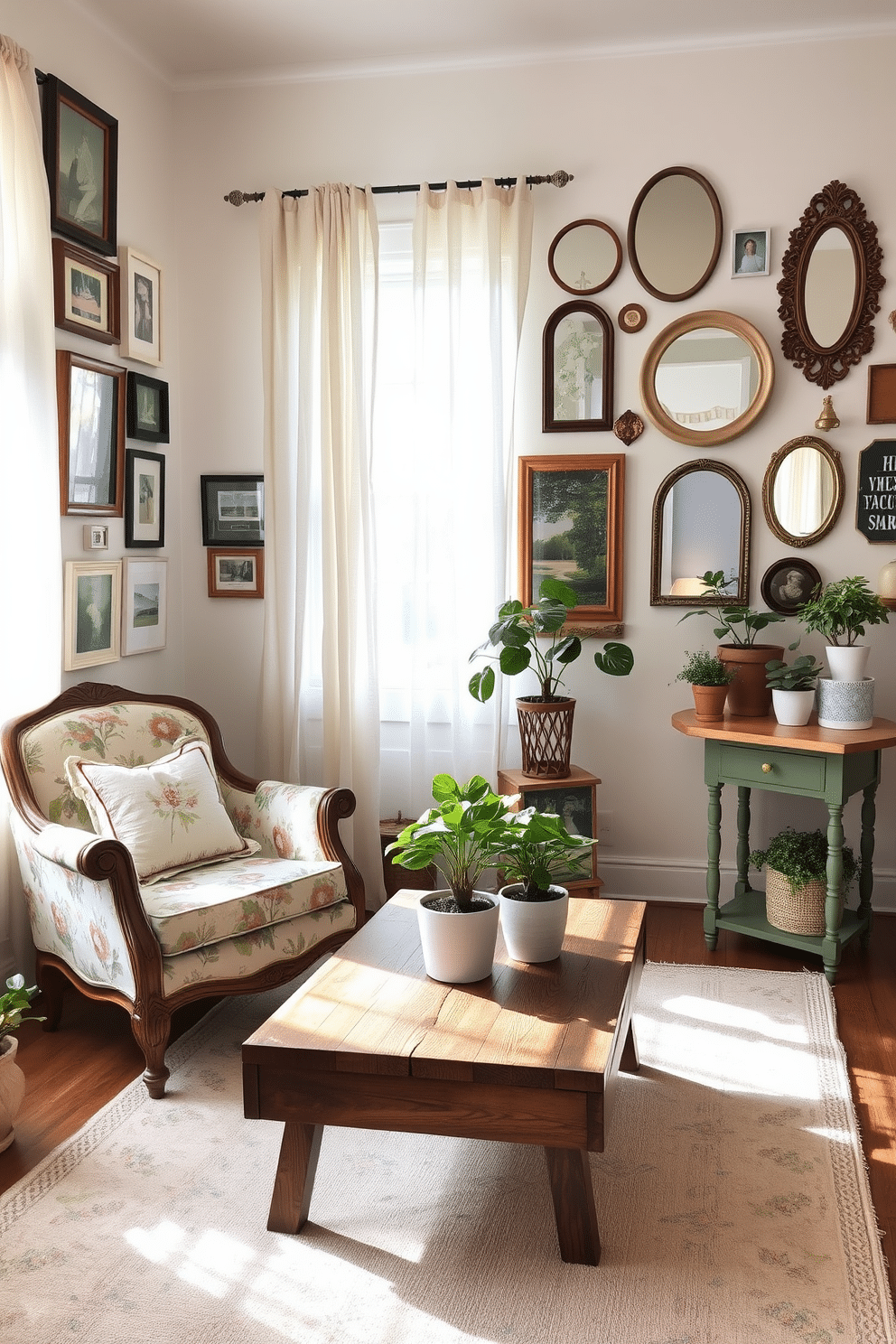 A cozy summer small living room features a vintage armchair with a floral upholstery pattern, paired with a reclaimed wood coffee table that has a rustic finish. A gallery wall showcases an eclectic mix of framed art and vintage mirrors, adding character and charm to the space. Natural light floods the room through sheer curtains, illuminating a collection of potted plants placed on a vintage side table. A soft area rug in pastel hues ties the room together, creating a warm and inviting atmosphere perfect for relaxation.