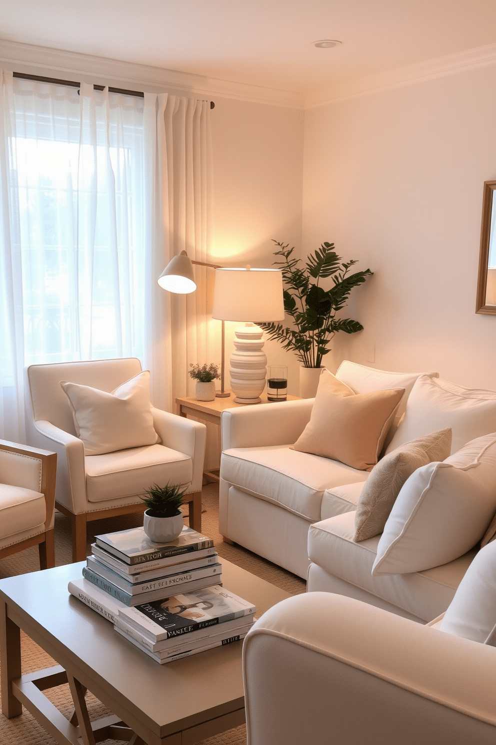 A cozy summer living room filled with soft lighting from stylish lamps. The space features light-colored furniture with pastel accents, creating a refreshing and inviting atmosphere. A large, comfortable sofa is adorned with colorful throw pillows, while a small coffee table sits in front, topped with a stack of design books and a small potted plant. Sheer curtains allow natural light to filter in, enhancing the airy feel of the room.