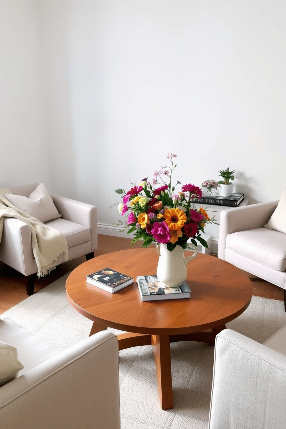 A bright and airy small living room features a round wooden coffee table adorned with a vibrant floral arrangement in a ceramic vase. Surrounding the table are two plush armchairs upholstered in light linen fabric, complemented by a soft throw blanket draped over one arm. In one corner, a stylish side table holds a stack of colorful design books and a small potted succulent. The walls are painted in a soft pastel hue, and a lightweight area rug adds warmth underfoot, creating a cozy and inviting atmosphere.