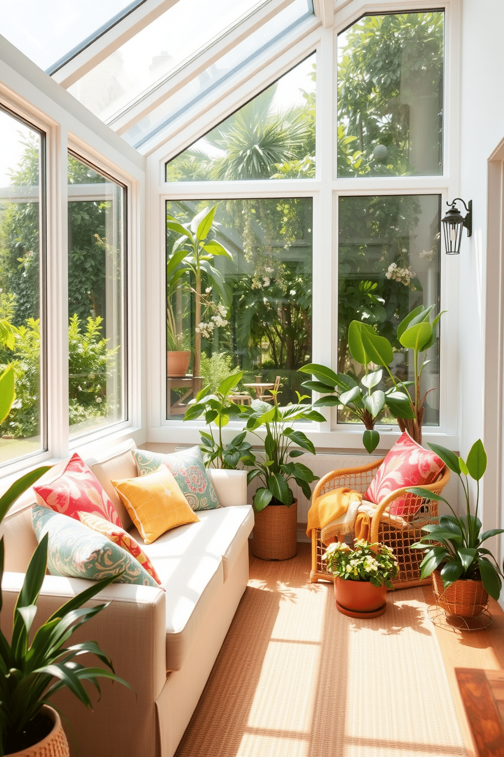 A small living room that seamlessly blends outdoor elements with indoor comfort. Large windows allow natural light to flood the space, showcasing lush greenery from outside and creating a vibrant atmosphere. The room features a light-colored sofa adorned with bright, patterned cushions that evoke a summery feel. Potted plants are strategically placed around the room, adding freshness and a touch of nature to the decor.