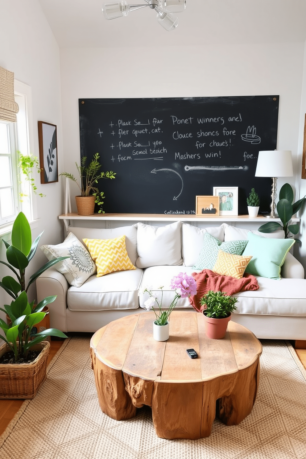 A cozy summer small living room decorated with light and airy furnishings. The space features a comfortable sectional sofa in soft pastel colors, complemented by a round coffee table made of reclaimed wood. A chalkboard wall serves as a functional and artistic element, perfect for jotting down notes or displaying creative artwork. Potted plants and colorful throw pillows add a fresh and inviting touch to the room.