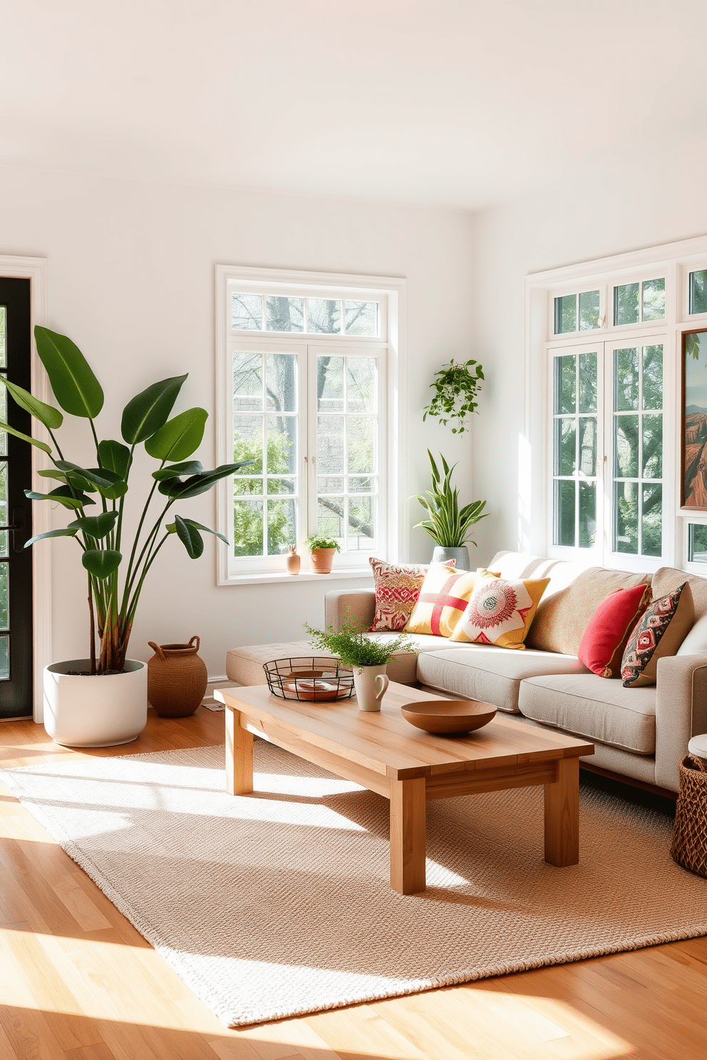 A cozy summer living room filled with natural light. A large statement plant sits in the corner, adding a vibrant touch of greenery to the space. The seating area features a comfortable sectional sofa adorned with colorful cushions. A light wood coffee table rests on a soft, textured rug, creating an inviting atmosphere.