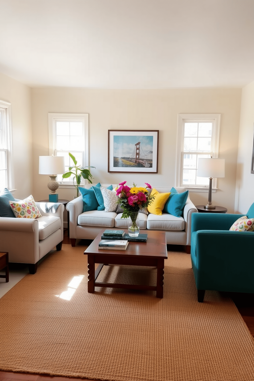 A small living room filled with natural light. The walls are painted in a soft beige, creating a warm and inviting atmosphere. A light gray sofa is adorned with colorful throw pillows in shades of blue and yellow. A wooden coffee table sits in the center, topped with a vibrant floral arrangement and a few art books. A cozy armchair in a bold teal hue complements the neutral palette. A jute rug anchors the space, adding texture and warmth to the room.