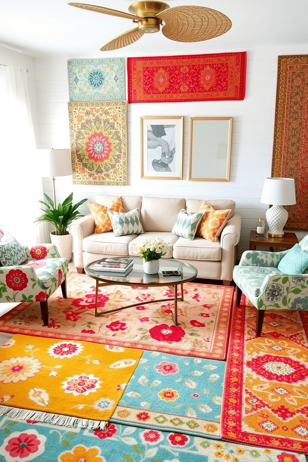 A cozy summer small living room is adorned with a variety of patterned rugs that create a vibrant and inviting atmosphere. The rugs feature a blend of floral and geometric designs in bright, cheerful colors that complement the light, airy decor. A comfortable sofa is positioned in the center, surrounded by playful accent chairs that echo the rug patterns. Soft throw pillows in coordinating colors add an extra layer of comfort and style, making the space perfect for relaxation and socializing.