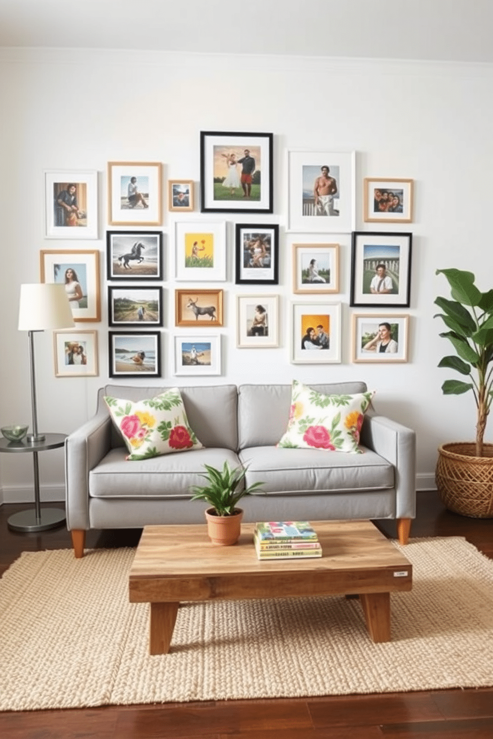 Create a gallery wall of art featuring a mix of framed paintings and photographs in various sizes. The wall is painted in a soft white color to allow the artwork to stand out, and a comfortable small sofa in light gray is positioned in front of it. Summer small living room decorating ideas include bright throw pillows with floral patterns and a light woven rug that adds texture. A small coffee table made of reclaimed wood sits at the center, adorned with a few colorful books and a potted plant for a fresh touch.