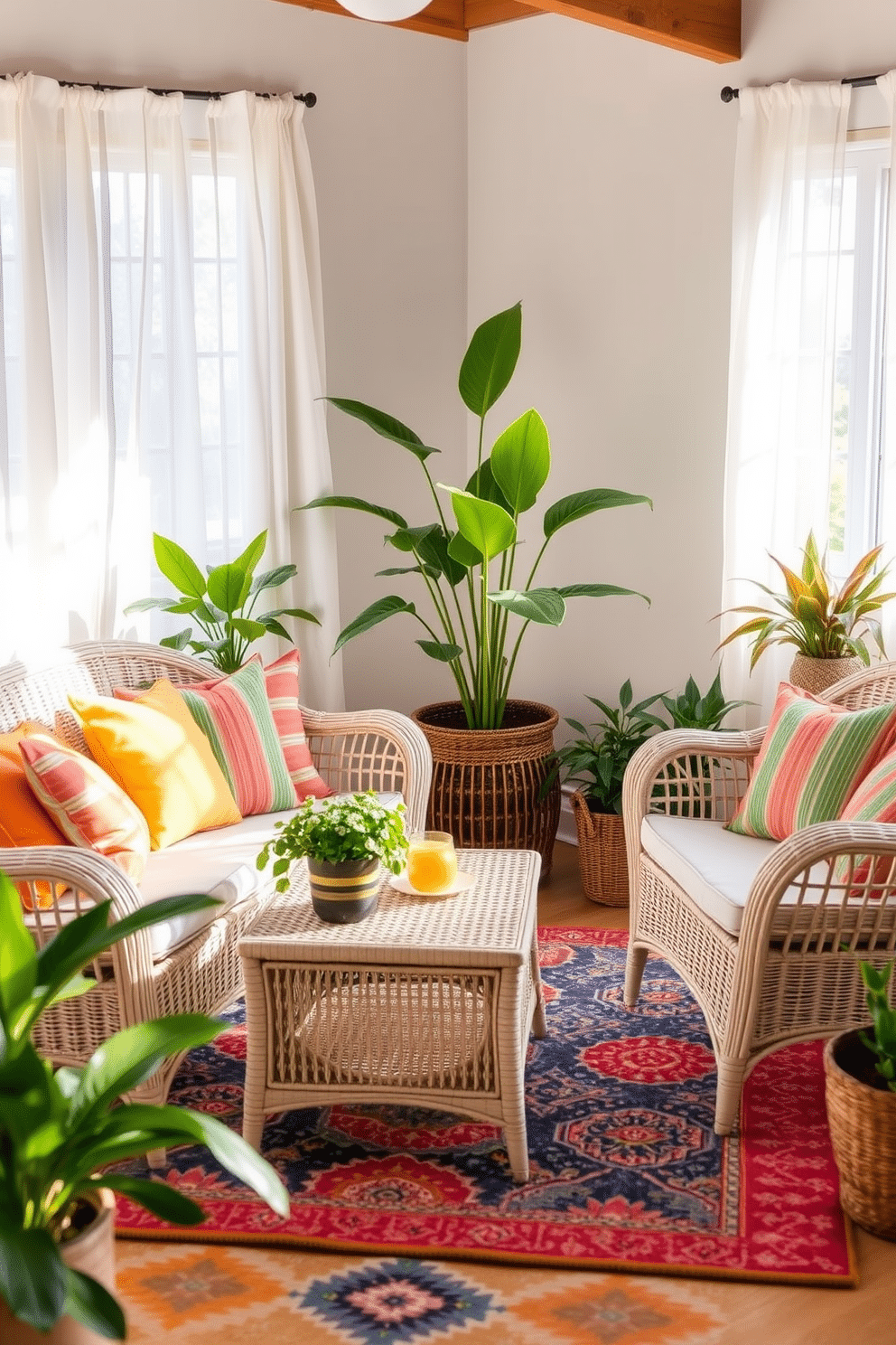 Create a cozy summer small living room featuring wicker furniture that adds warmth and texture. The space includes a light-colored wicker sofa adorned with colorful cushions and a matching coffee table, enhancing the inviting atmosphere. Incorporate a vibrant area rug that complements the wicker pieces and brings a touch of comfort underfoot. Soft, natural lighting filters through sheer curtains, illuminating potted plants placed strategically around the room for a refreshing feel.