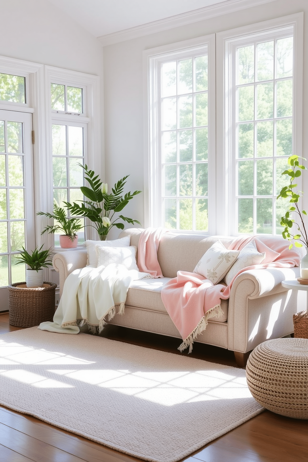 A cozy summer living room adorned with soft pastel blankets draped over a plush sofa. Natural light floods the space through large windows, highlighting the light-colored walls and airy atmosphere.