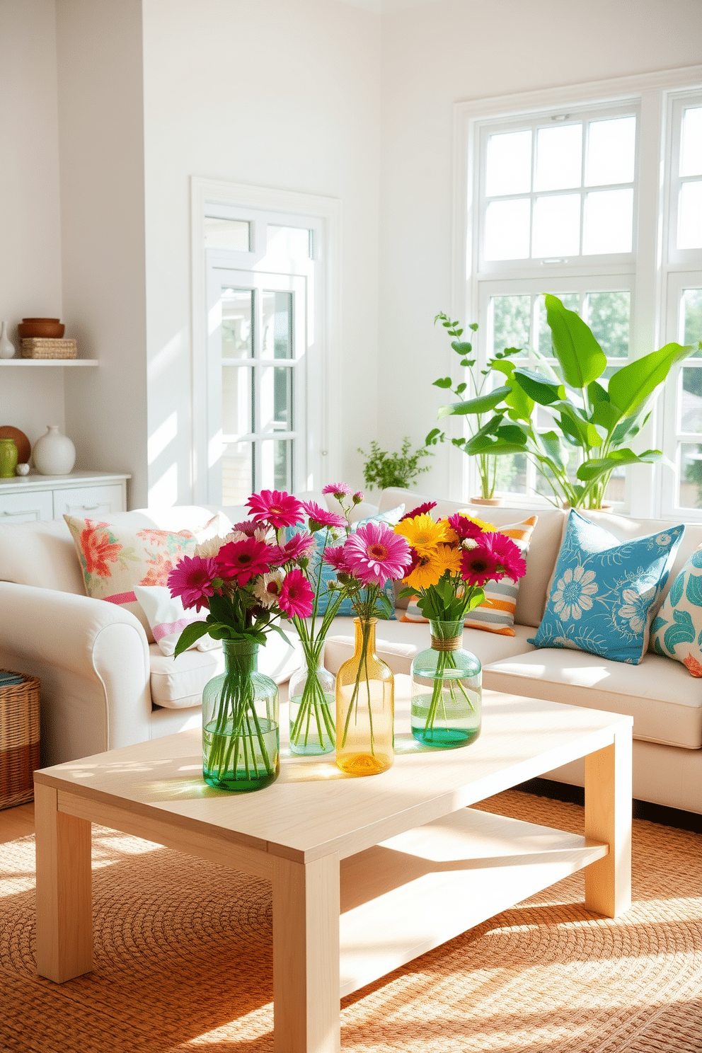 A bright and airy summer living room filled with natural light. Fresh flowers in vibrant vases are strategically placed on a light wooden coffee table, adding a splash of color to the space. The walls are painted a soft pastel hue, complementing the light beige sofa adorned with colorful throw pillows. A woven rug lies underfoot, and a few potted plants are positioned near the windows to enhance the fresh and inviting atmosphere.