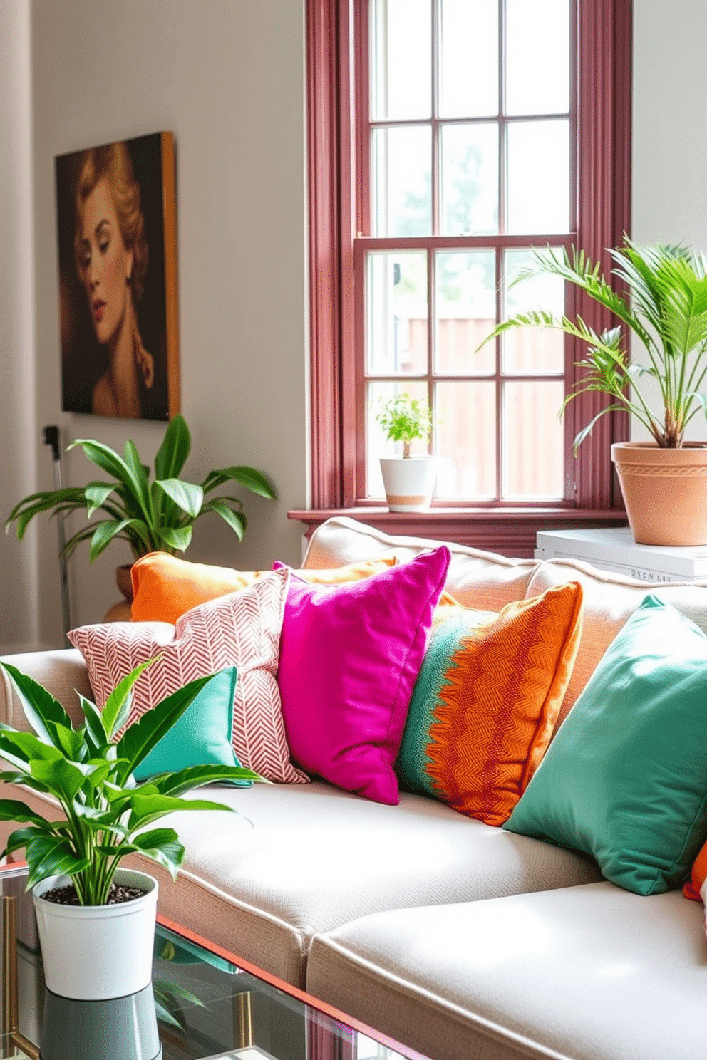 Brighten the living room with colorful throw pillows in vibrant hues. Arrange them on a neutral sofa to create a cheerful and inviting atmosphere. Incorporate summer small space decorating ideas by using lightweight fabrics and airy textures. Add a few potted plants to bring life and freshness into the compact area.