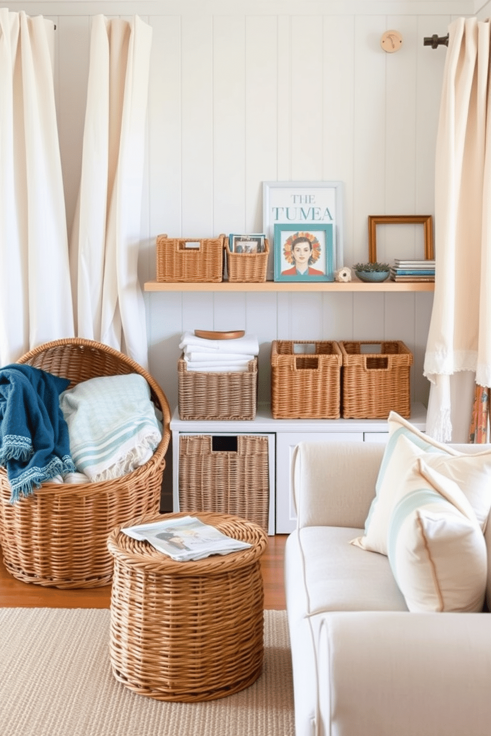 A cozy living area featuring wicker baskets for stylish storage solutions. The room is adorned with light, airy fabrics and vibrant summer colors to create a fresh and inviting atmosphere. In one corner, a large wicker basket holds an assortment of throw blankets, while smaller baskets are placed on a shelf for easy access to magazines and decorative items. The furniture is arranged to maximize space, with a compact coffee table and a plush sofa that enhance the overall summer vibe.