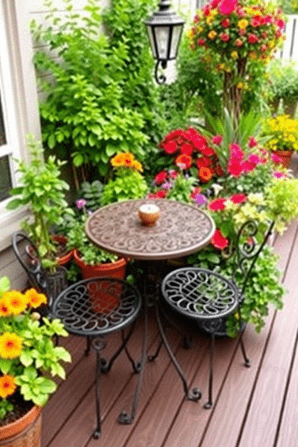 A charming outdoor space featuring a small bistro set with a round table and two wrought iron chairs. The bistro set is placed on a wooden deck surrounded by lush greenery and colorful potted plants, creating a cozy and inviting atmosphere for summer gatherings.