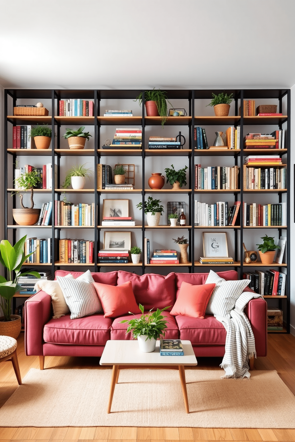 A cozy living room featuring a sleek shelving unit that reaches from floor to ceiling. The shelves are filled with a mix of books, plants, and decorative items, creating a vibrant focal point in the space. Bright summer colors are used throughout the room, with throw pillows and a light blanket adding a cheerful touch. A small coffee table sits in front of a comfortable sofa, enhancing the inviting atmosphere of this small space.