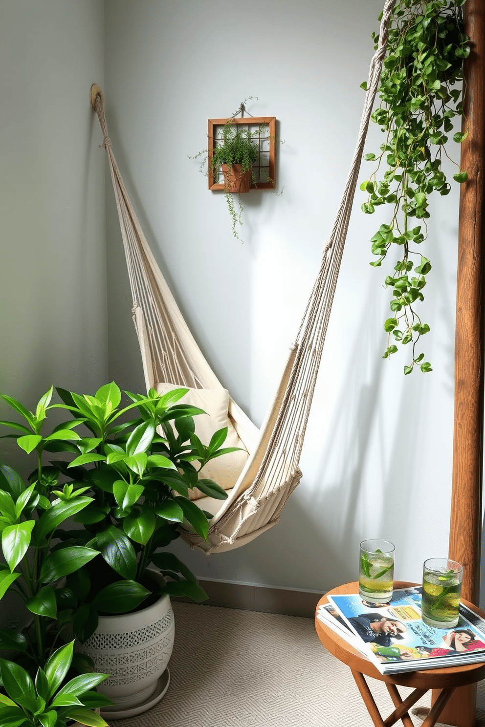 A cozy relaxation corner features a comfortable hammock suspended between two sturdy wooden posts. Surrounding the hammock are potted plants with vibrant green foliage, creating a serene atmosphere perfect for summer lounging. The walls are painted in soft pastel colors to enhance the light and airy feel of the space. A small side table holds refreshing drinks and a stack of colorful magazines, inviting you to unwind and enjoy the summer days.