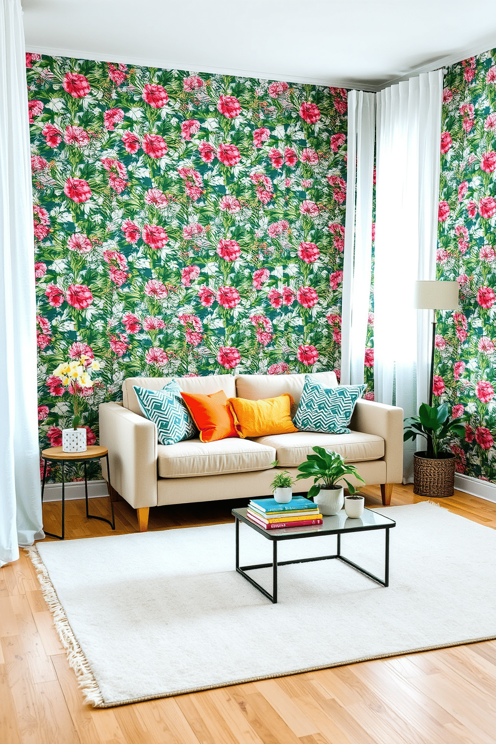 A cozy living area featuring removable wallpaper with a vibrant floral pattern that captures the essence of summer. The space includes a small sofa adorned with bright throw pillows and a lightweight, airy rug that complements the wallpaper. In one corner, a compact coffee table holds a few potted plants and a stack of colorful books. Soft natural light filters through sheer curtains, enhancing the cheerful atmosphere of the room.